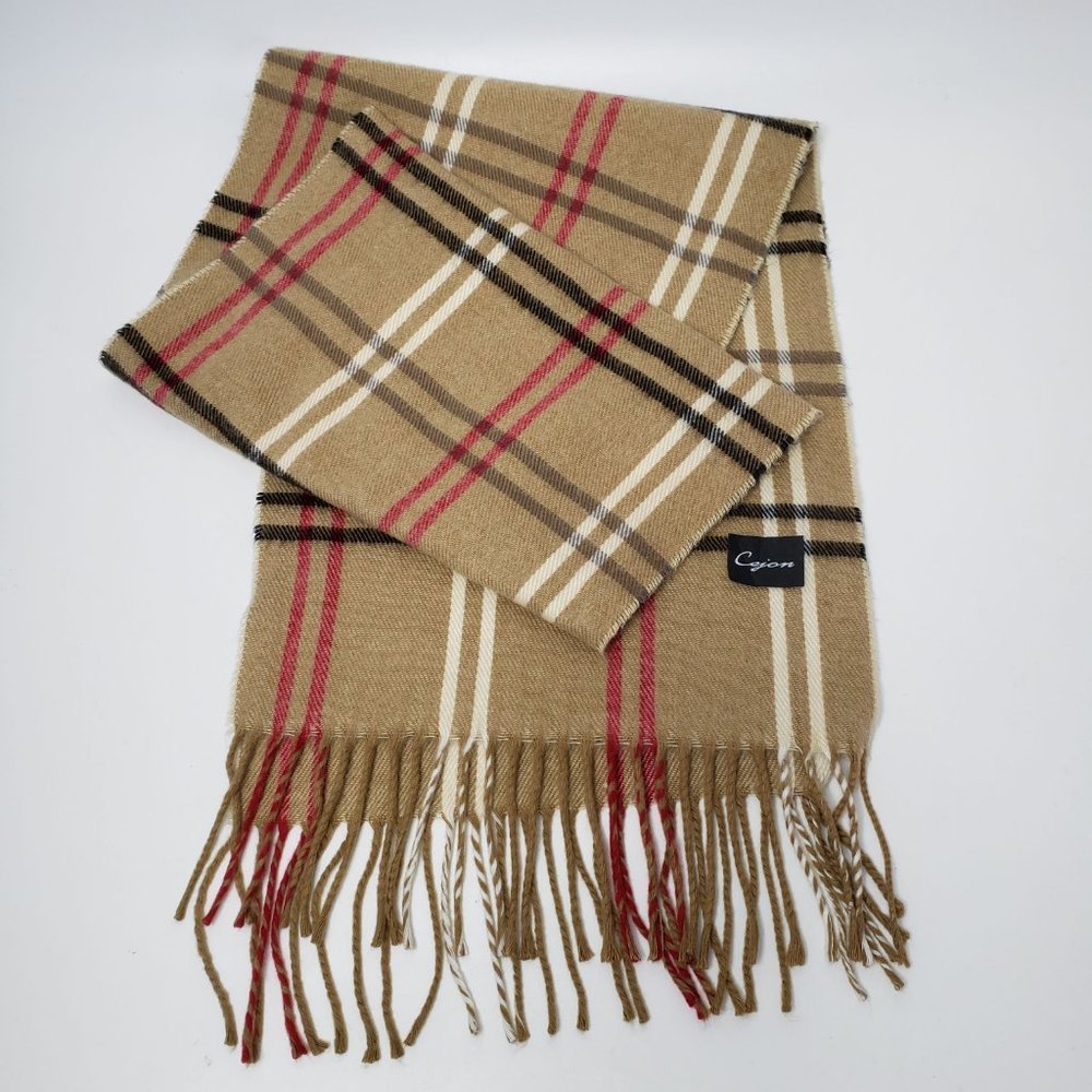Cejon Women’s Plaid tan, red, black, cream Long Fringe Neck Scarf Warm Soft Wrap